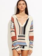 Shein Color Block Eyelet Hooded Sweater With Pocket