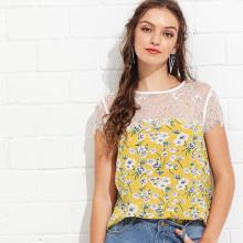 Shein Eyelash Lace Yoke Floral Top