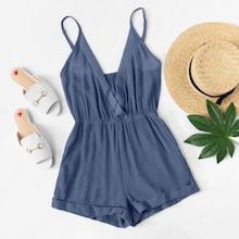 Shein Solid Surplice Neckline Rolled Hem Romper