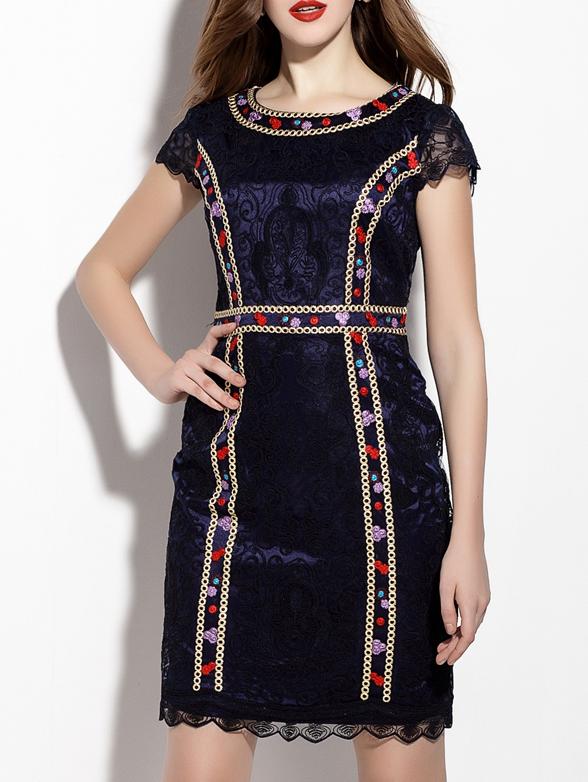 Shein Purple Embroidered Disc Flowers Sheath Dress