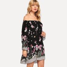Shein Bell Cuff Botanical Bardot Dress
