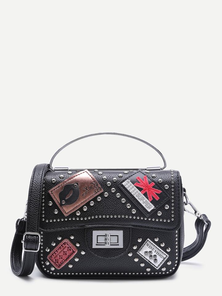 Shein Patch And Studded Decorated Pu Shoulder Bag