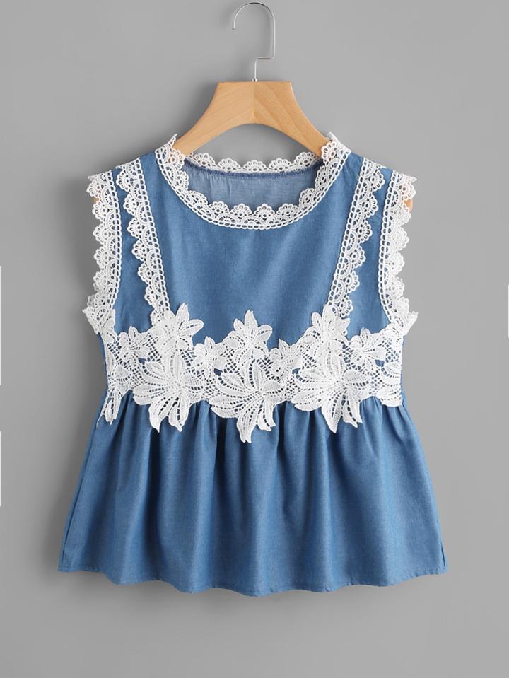 Shein Lace Crochet Contrast Ruffle Top