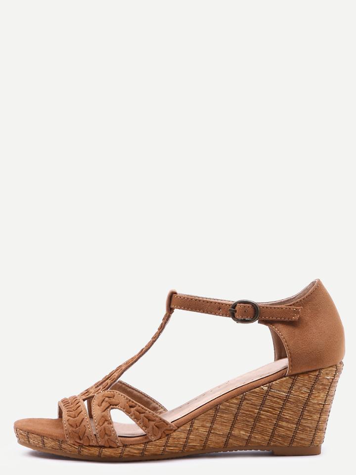 Shein Tan Faux Suede Braided T-strap Wedge Sandals