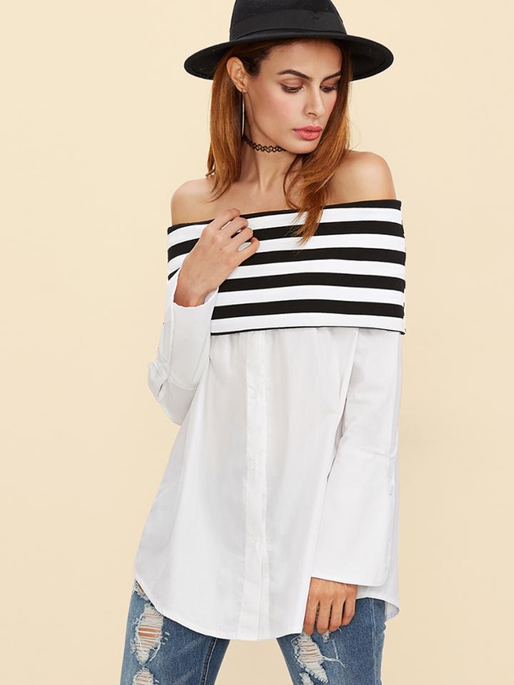 Shein Black And White Striped Off The Shoulder Button Up Blouse
