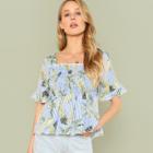 Shein Pineapple Print Flounce Sleeve Shirred Panel Top