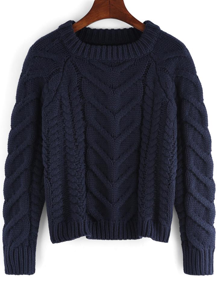 Shein Royal Blue Round Neck Cable Knit Crop Sweater
