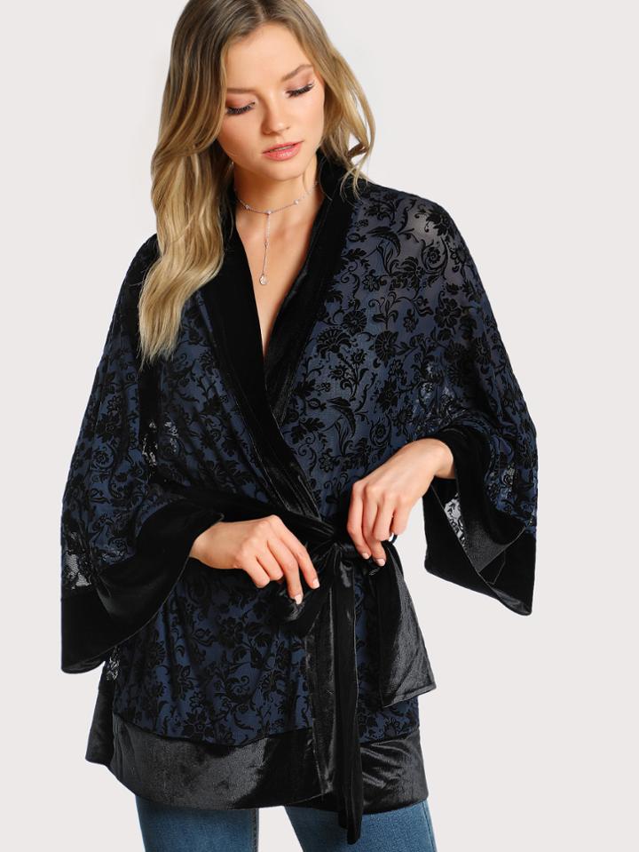 Shein Contrast Trim Flock Mesh Duster Coat