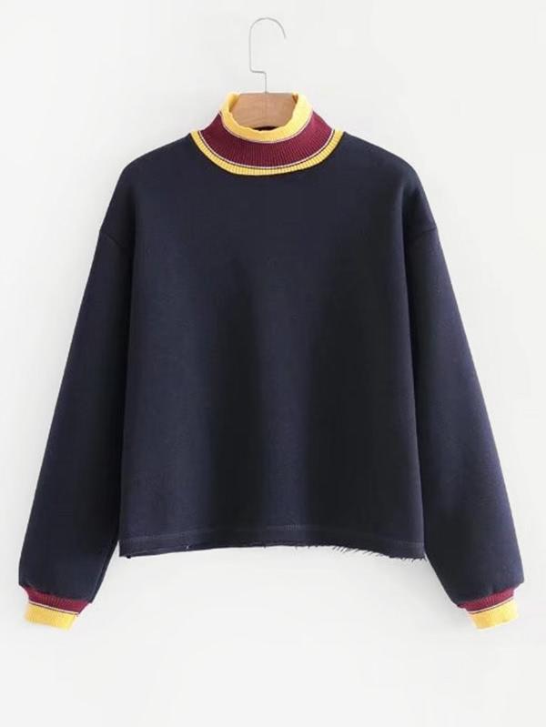 Shein Striped Trim Raw Hem Sweatshirt