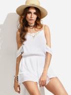 Shein White Cold Shoulder Pom-pom Decorated Sleeve Jumpsuit