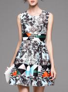 Shein Blue Color Block Floral A-line Dress