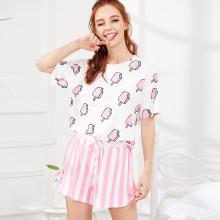 Shein Popsicle Print Tee & Bow Detail Striped Shorts Pj Set