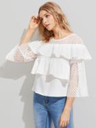 Shein Embroidered Mesh Shoulder And Fluted Sleeve Flounce Top