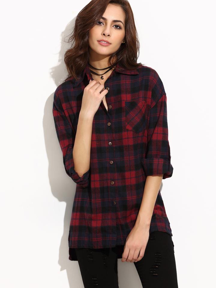 Shein Tartan Plaid Drop Shoulder Roll Tab Sleeve Blouse