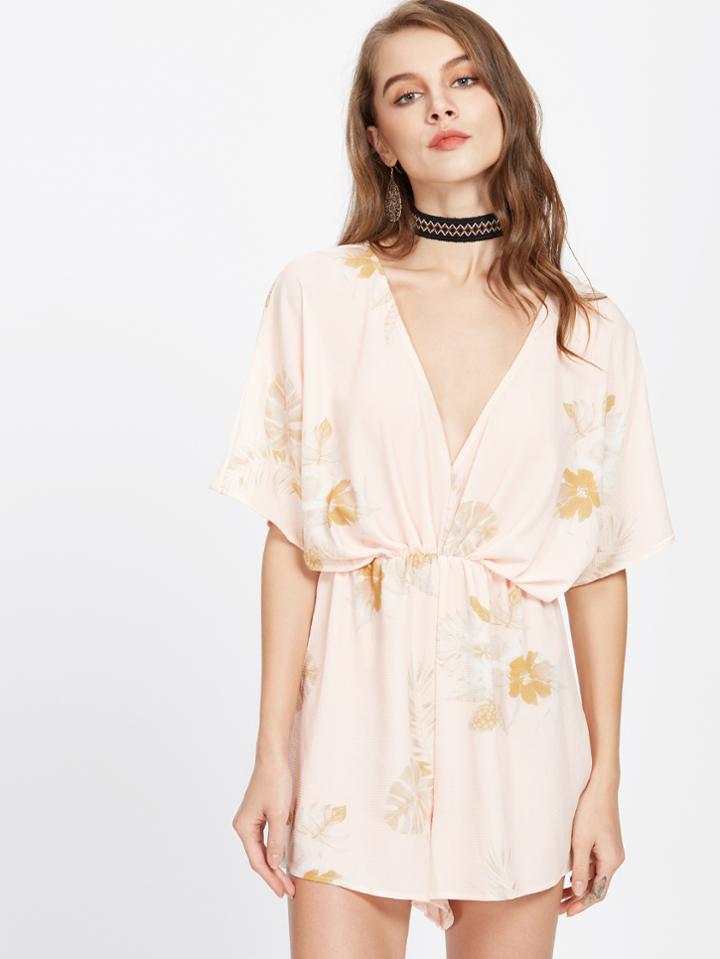 Shein Tropical Print Plunging Elastic Waist Kimono Playsuit