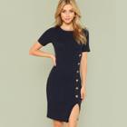 Shein Button Embellished Slit Hem Rib Knit Dress