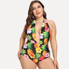 Shein Plus Deep-v Flower Print Swimsuit