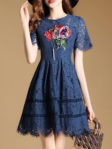 Shein Flowers Applique Pouf Fringe Lace Dress