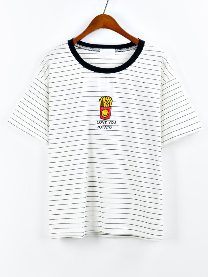 Shein Contrast Neck French Fries Embroidered Striped T-shirt - Black