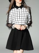 Shein Black Lapel Contrast Eyelash Lace Grid Dress