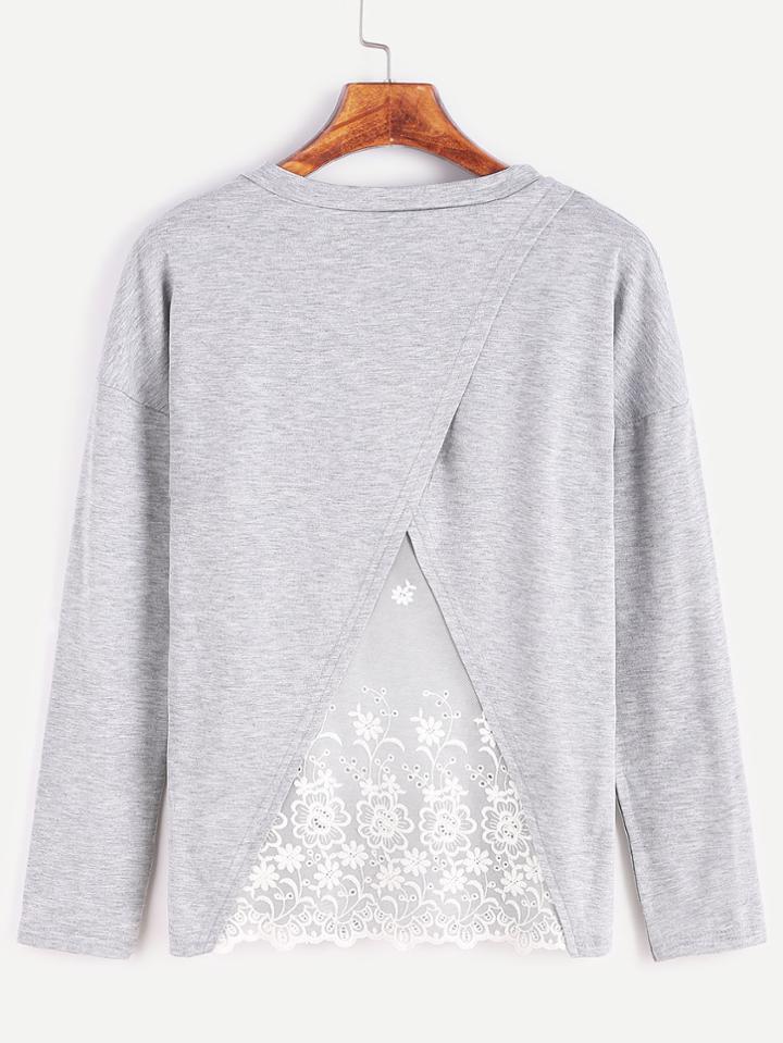 Shein Grey Drop Shoulder Contrast Lace Wrap Back T-shirt