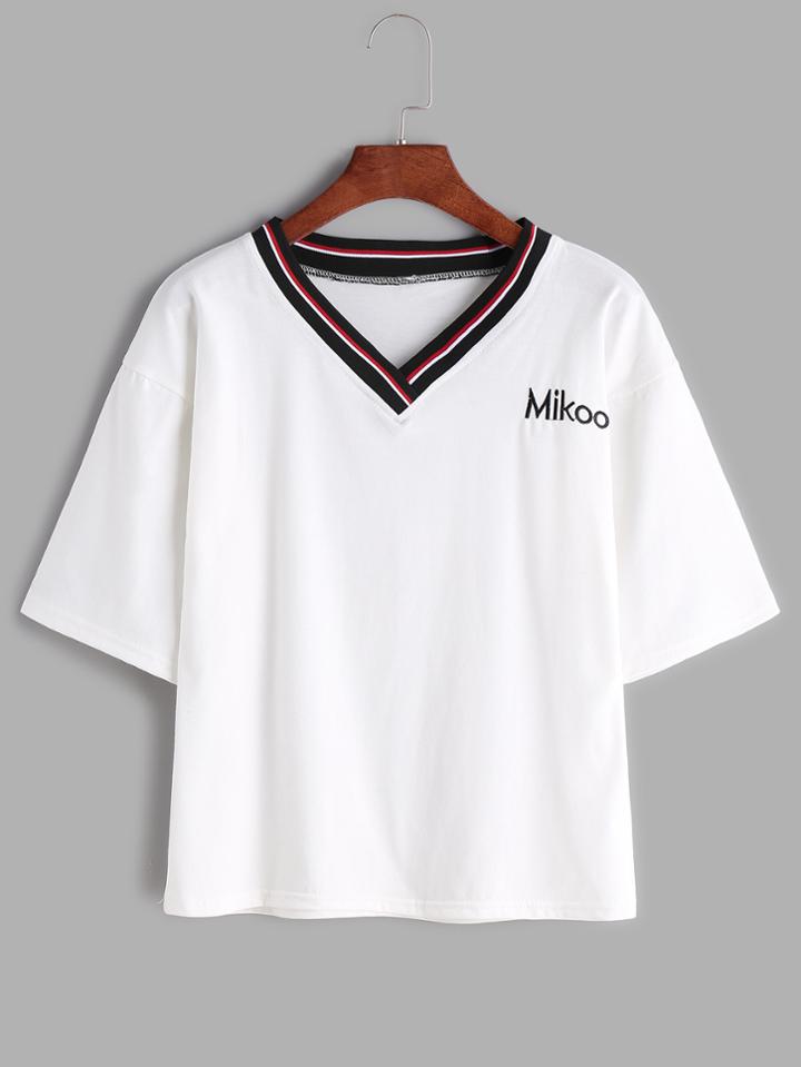 Shein White V Neck Letter Embroidered T-shirt