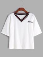Shein White V Neck Letter Embroidered T-shirt