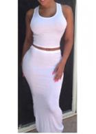 Rosewe Scoop Neck Crop Top And White Maxi Skirt