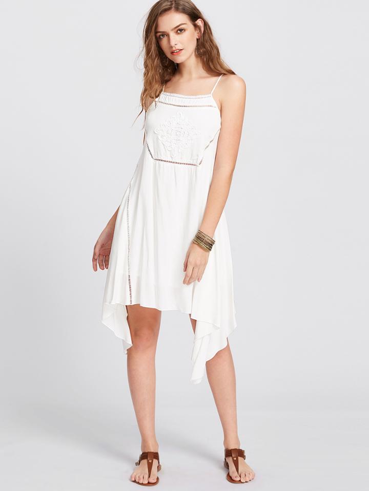 Shein Lace Insert And Applique Handkerchief Hem Cami Dress