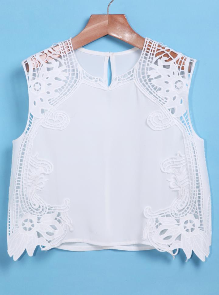 Shein White Round Neck Hollow Lace Tank Top