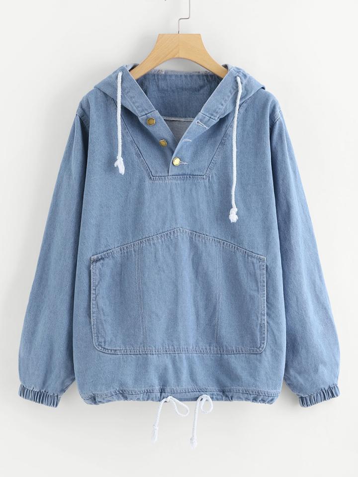 Shein Kangaroo Pocket Hooded Denim Sweatshirt