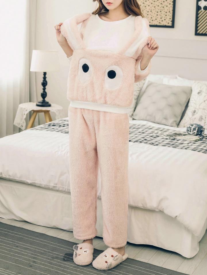 Shein Contrast Rabbit Embroidered Plush Top & Pants Pj Set