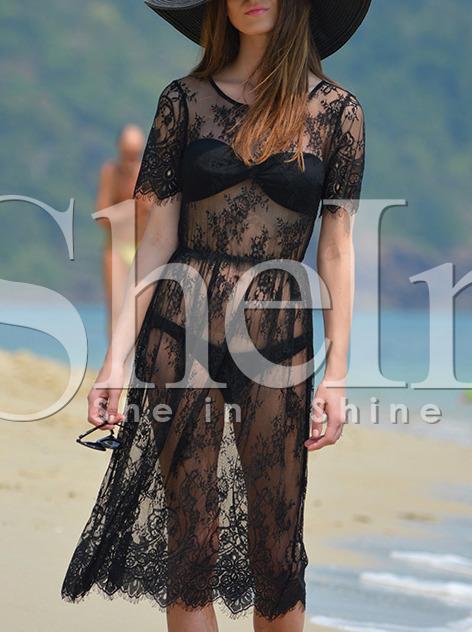 Shein Black Beachwear Short Sleeve Scallop Lace Beach Dress