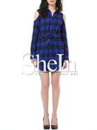 Shein Blue Plaid Drawstring Waist Cold Shoulder Shirt Dress