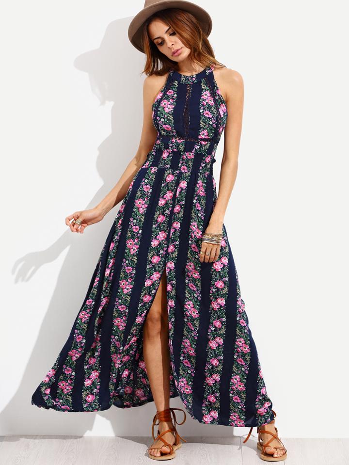 Shein Navy Halter Floral Print Cut Out Tie Back Slit Dress