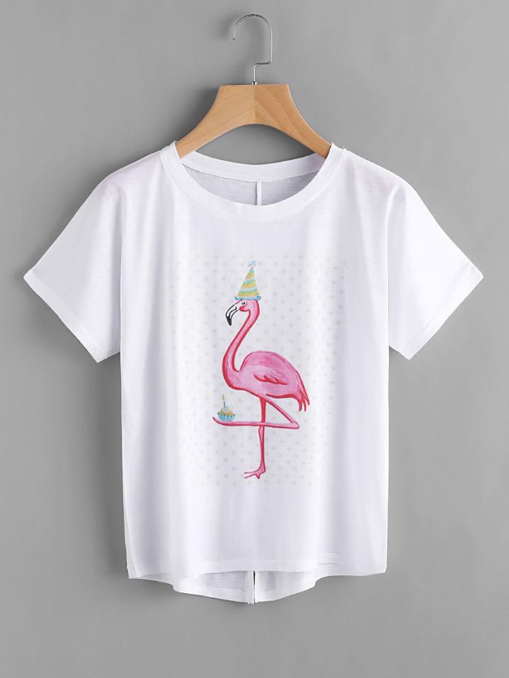 Shein Flamingo Print Dip Hem Slit Back Tee