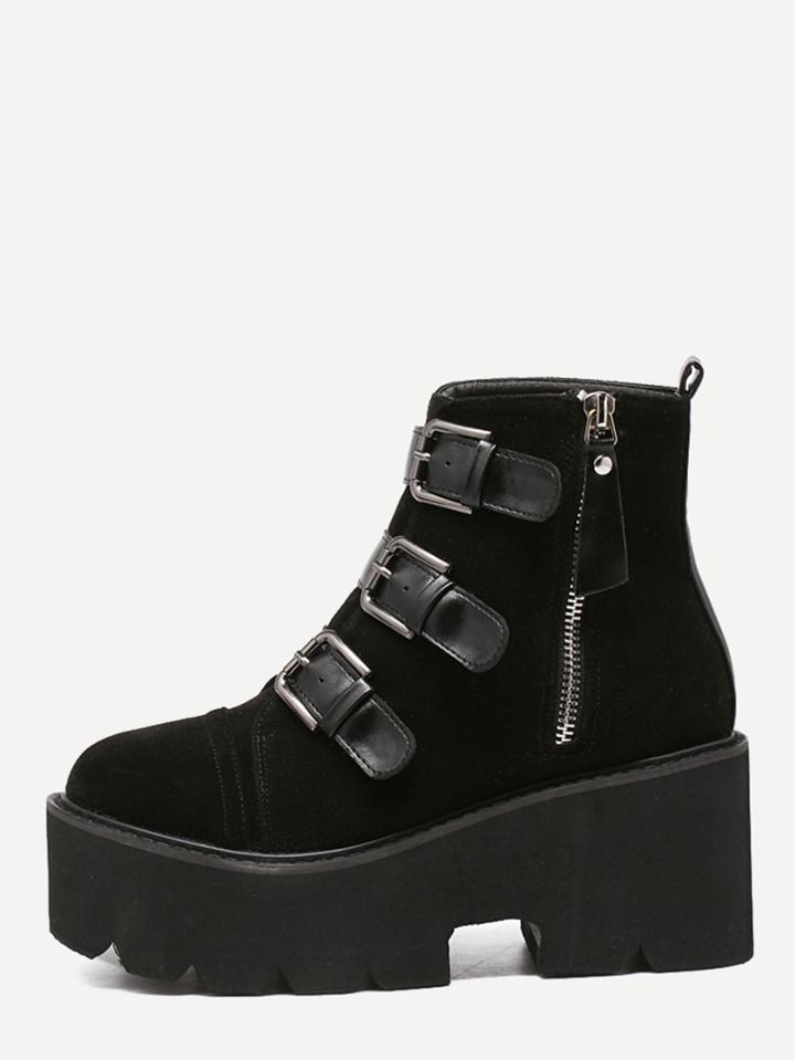Shein Black Faux Suede Buckle Strap Platform Ankle Boots