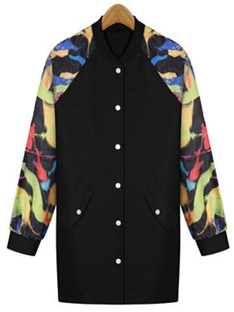 Shein Colour Stand Collar Floral Buttons Plus Coat