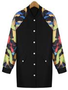 Shein Colour Stand Collar Floral Buttons Plus Coat