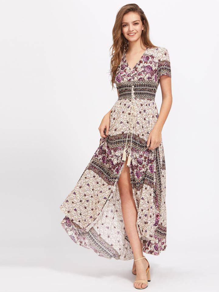 Shein Tasseled Tie Smocked Waist Mixed Print Dress