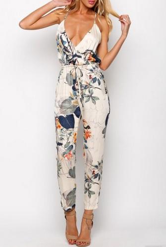 Shein White Spaghetti Strap Leaves Print Slim Jumpsuit