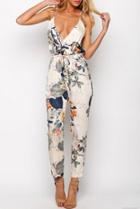 Shein White Spaghetti Strap Leaves Print Slim Jumpsuit