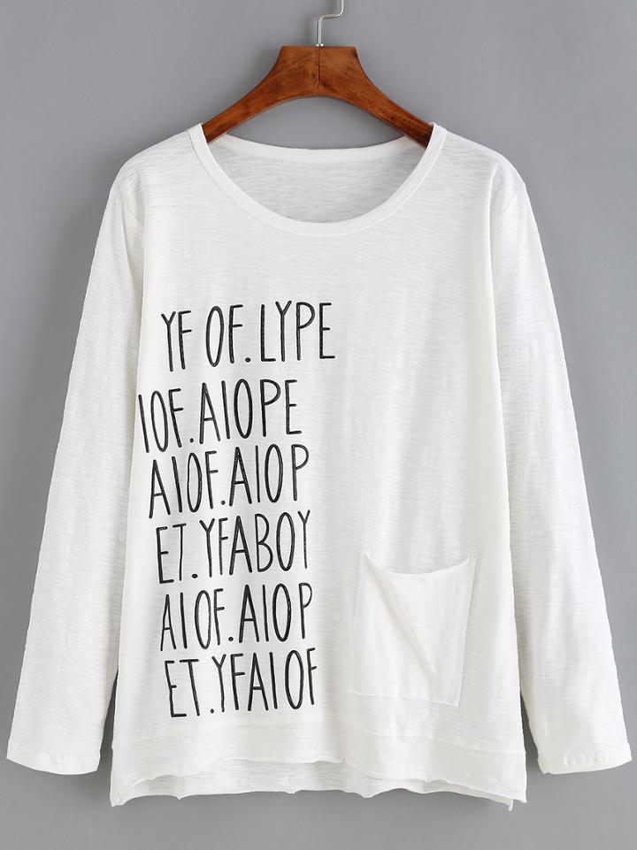 Shein White Long Sleeve Letters Print T-shirt