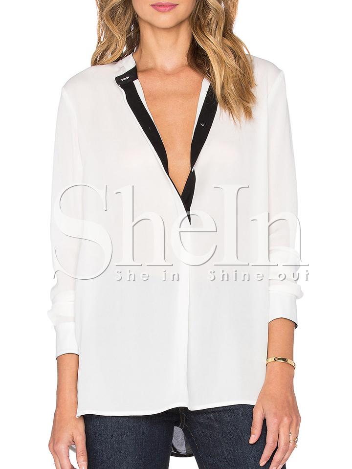 Shein White Deep V Neck Slit Blouse