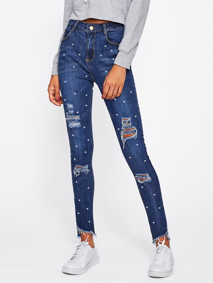 Shein Faux Pearl Raw Hem Ripped Jeans