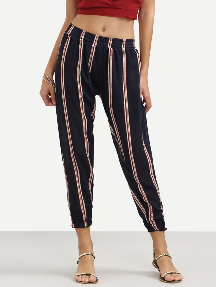 Shein Navy Vertical Stripe Print Peg Pants