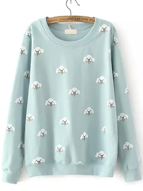 Shein Blue Round Neck Cloud Print Sweatshirt