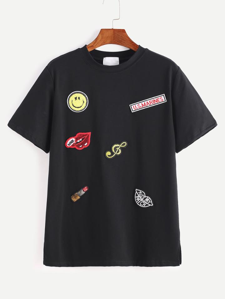 Shein Black Sequin Embroidered Patches T-shirt