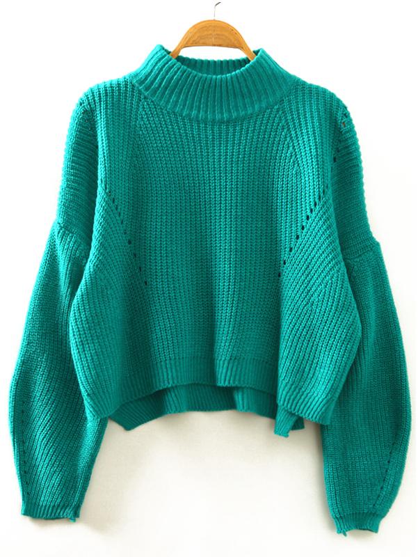 Shein Green Stand Collar Lantern Sleeve Crop Sweater