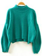 Shein Green Stand Collar Lantern Sleeve Crop Sweater